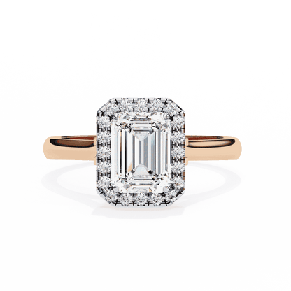 Emerald Cut Lab Grown Diamond Halo Engagement Ring with Lotus Gallery and Plain Band