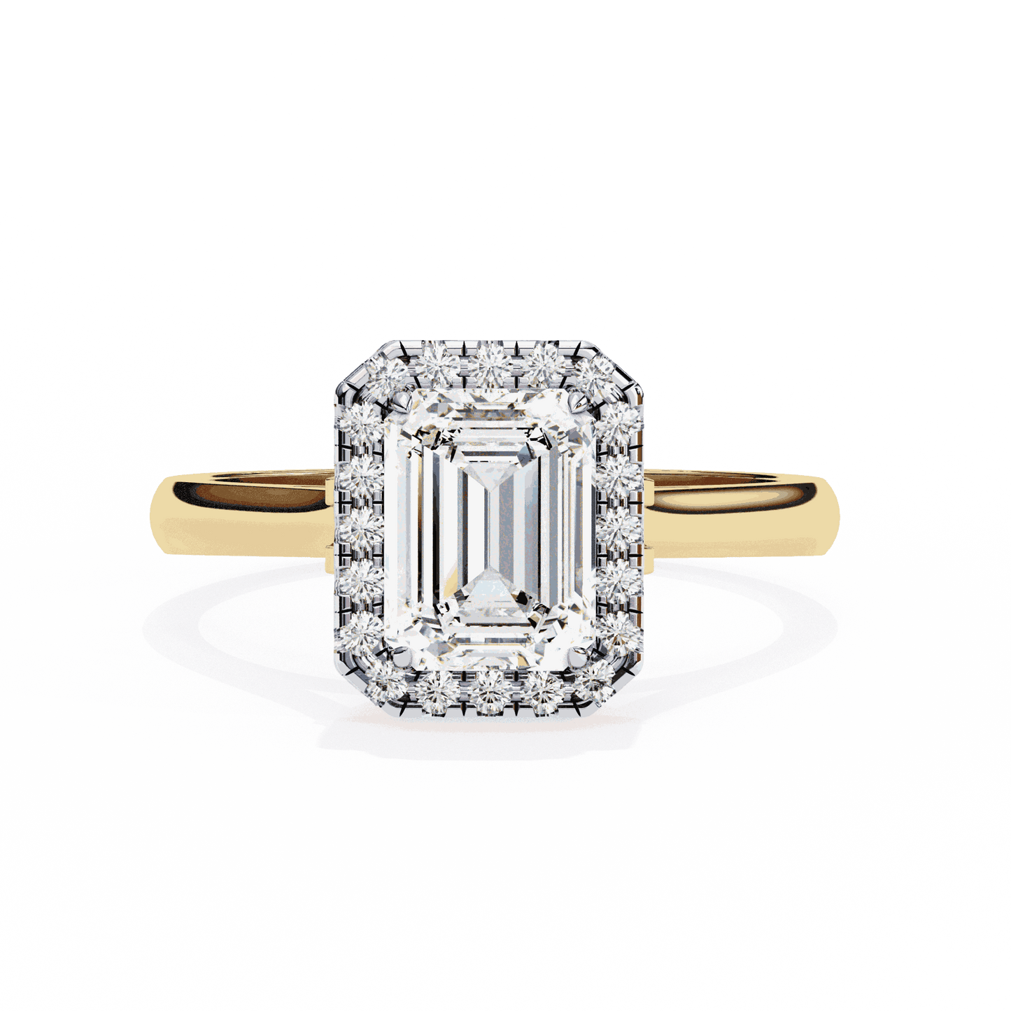 Emerald Cut Lab Grown Diamond Halo Engagement Ring with Lotus Gallery and Plain Band