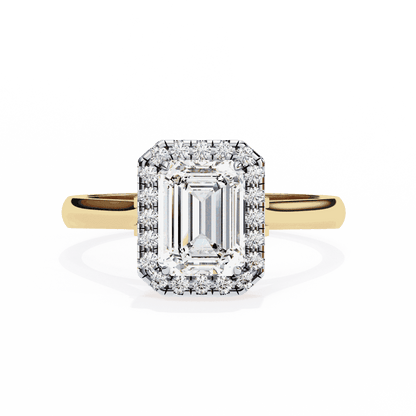Emerald Cut Lab Grown Diamond Halo Engagement Ring with Lotus Gallery and Plain Band