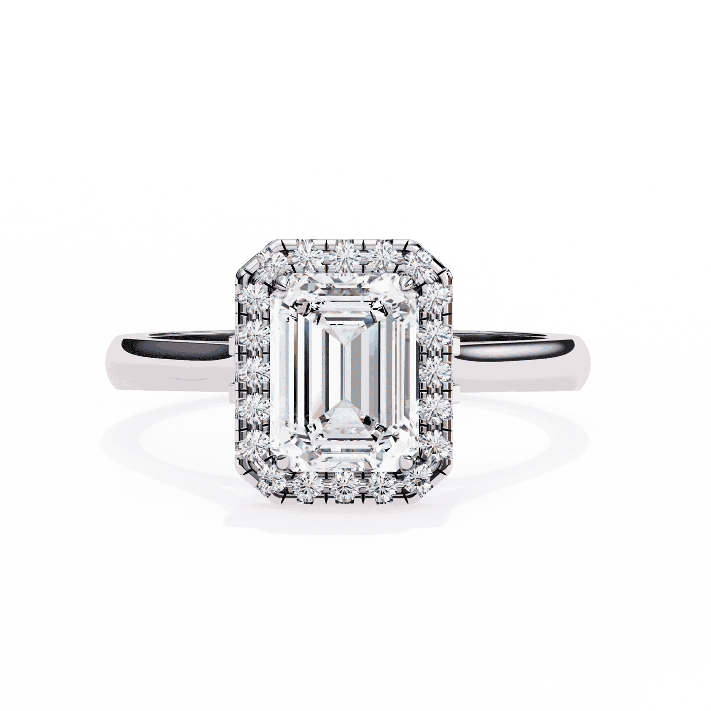 Emerald Cut Lab Grown Diamond Halo Engagement Ring with Lotus Gallery and Plain Band
