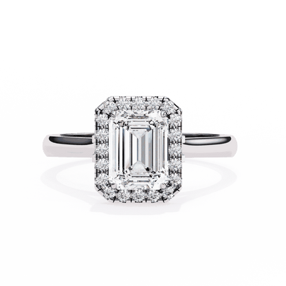 Emerald Cut Lab Grown Diamond Halo Engagement Ring with Lotus Gallery and Plain Band