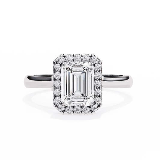 Emerald Cut Lab Grown Diamond Halo Engagement Ring with Lotus Gallery and Plain Band