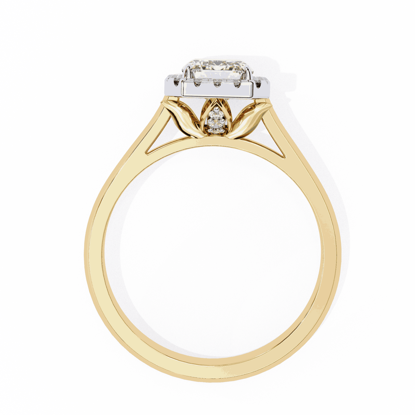 Emerald Cut Lab Grown Diamond Halo Engagement Ring with Lotus Gallery and Plain Band