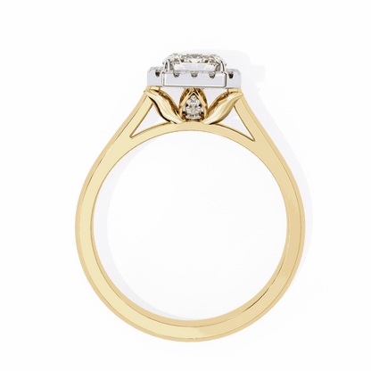 Emerald Cut Lab Grown Diamond Halo Engagement Ring with Lotus Gallery and Plain Band