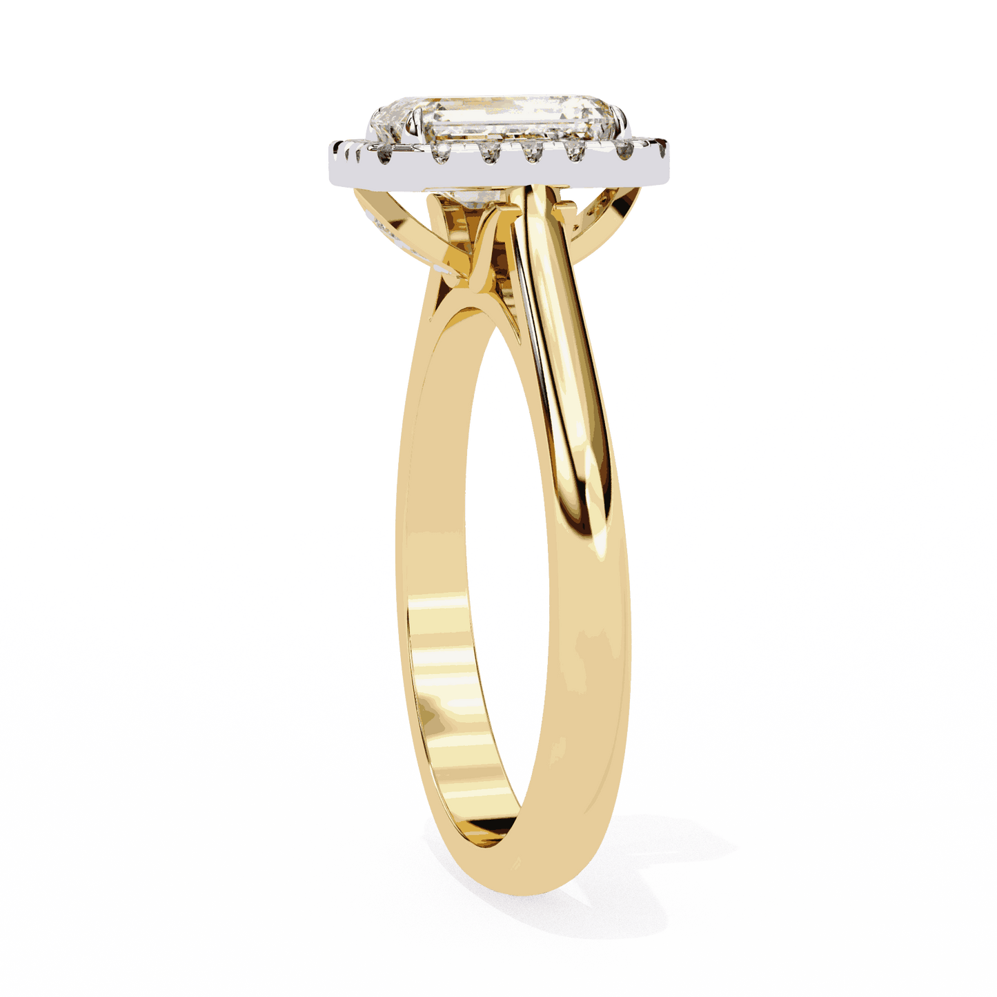 Emerald Cut Lab Grown Diamond Halo Engagement Ring with Lotus Gallery and Plain Band