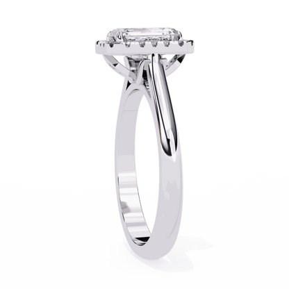 Emerald Cut Lab Grown Diamond Halo Engagement Ring with Lotus Gallery and Plain Band