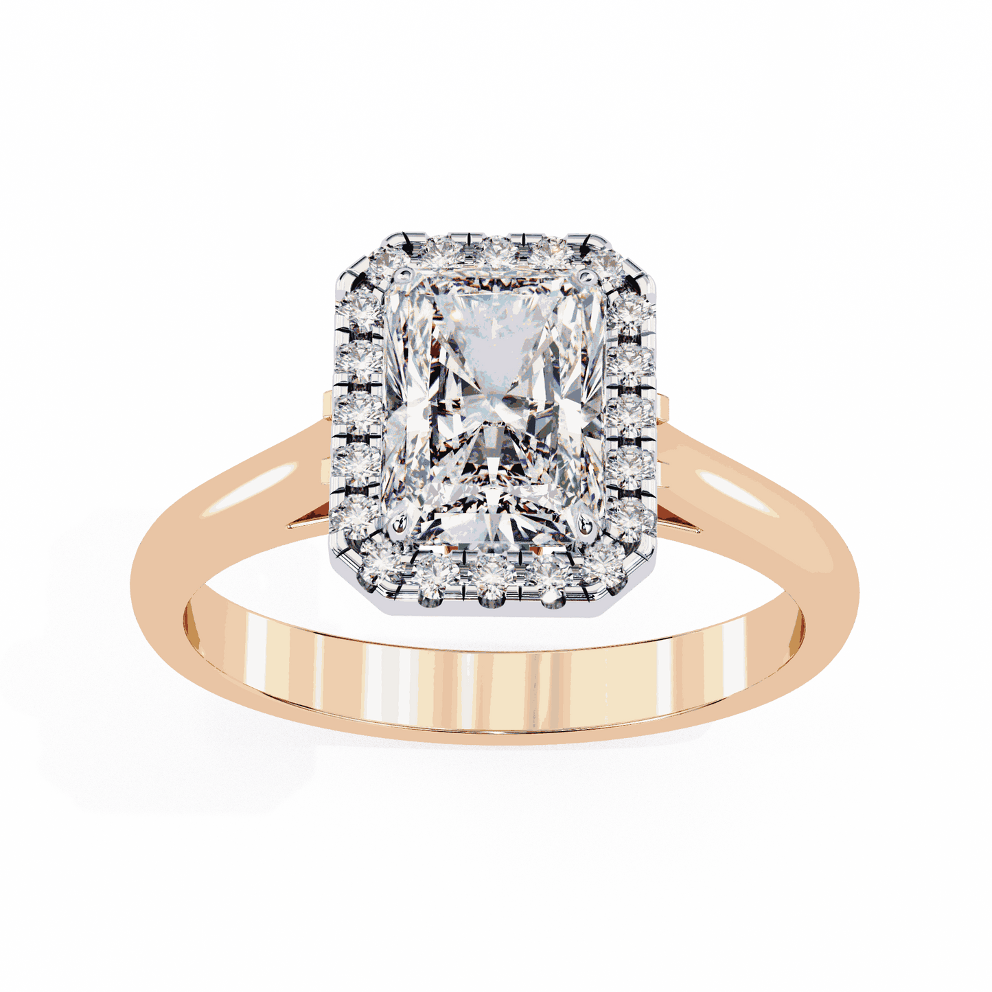 Radiant Cut Lab Grown Diamond Halo Engagement Ring with Lotus Gallery and Plain Band