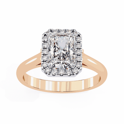 Radiant Cut Lab Grown Diamond Halo Engagement Ring with Lotus Gallery and Plain Band