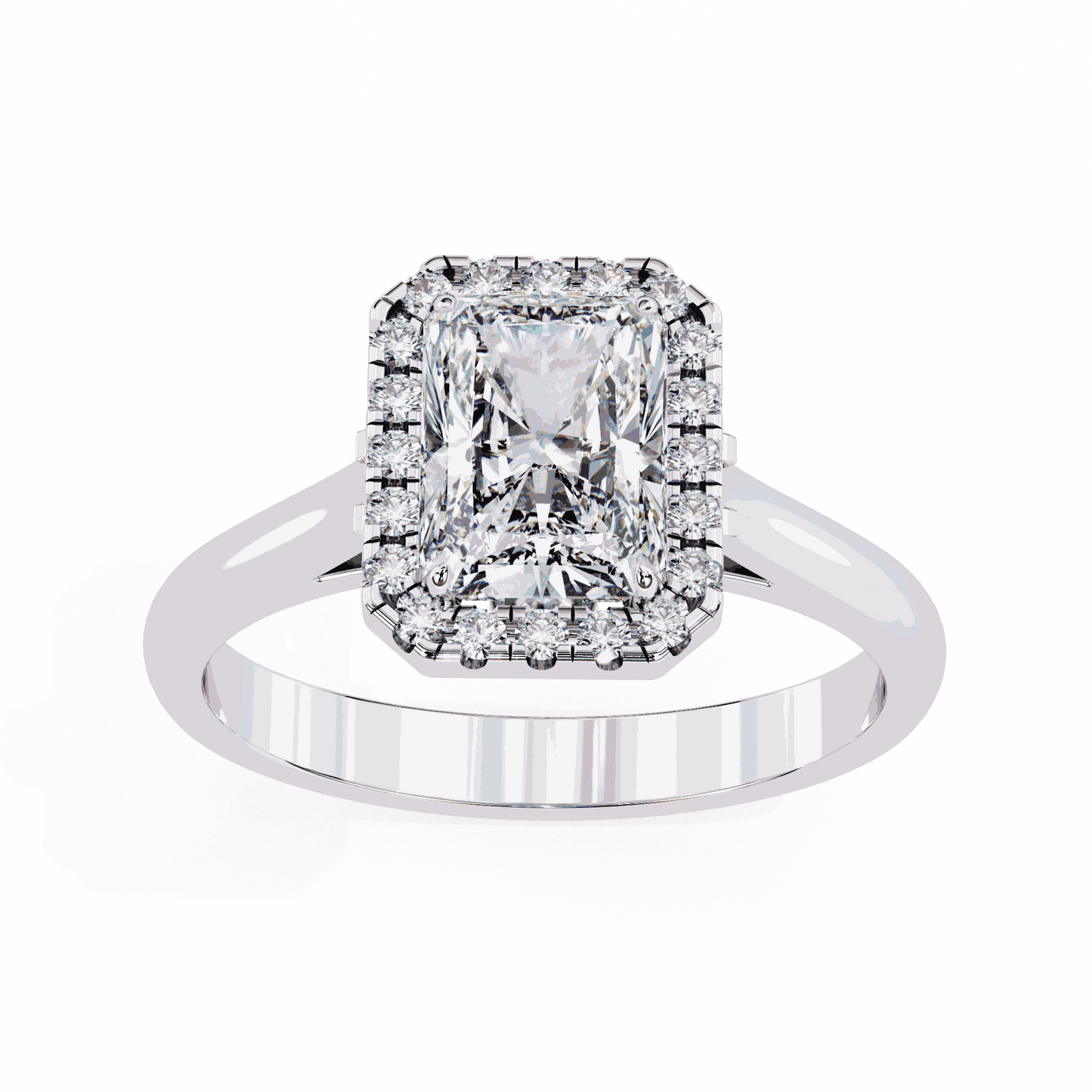 Radiant Cut Lab Grown Diamond Halo Engagement Ring with Lotus Gallery and Plain Band