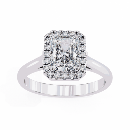 Radiant Cut Lab Grown Diamond Halo Engagement Ring with Lotus Gallery and Plain Band