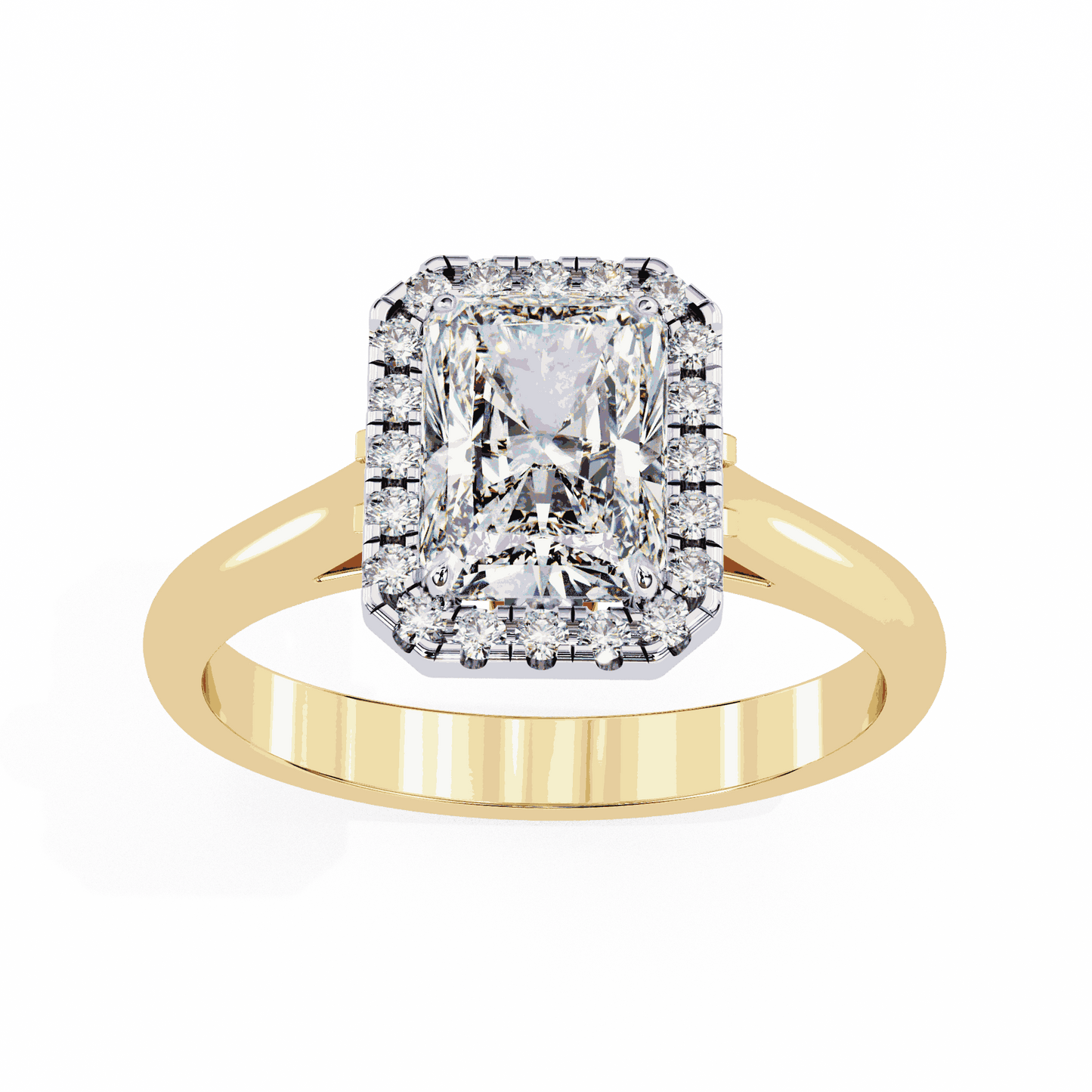 Radiant Cut Lab Grown Diamond Halo Engagement Ring with Lotus Gallery and Plain Band