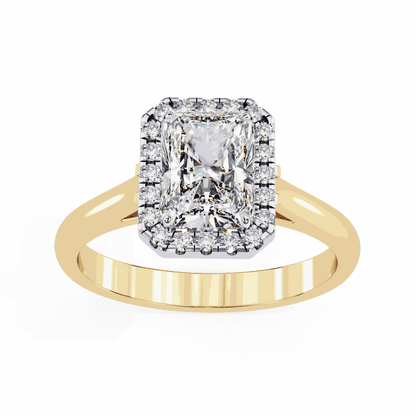Radiant Cut Lab Grown Diamond Halo Engagement Ring with Lotus Gallery and Plain Band