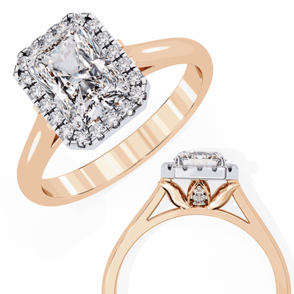 Radiant Cut Lab Grown Diamond Halo Engagement Ring with Lotus Gallery and Plain Band