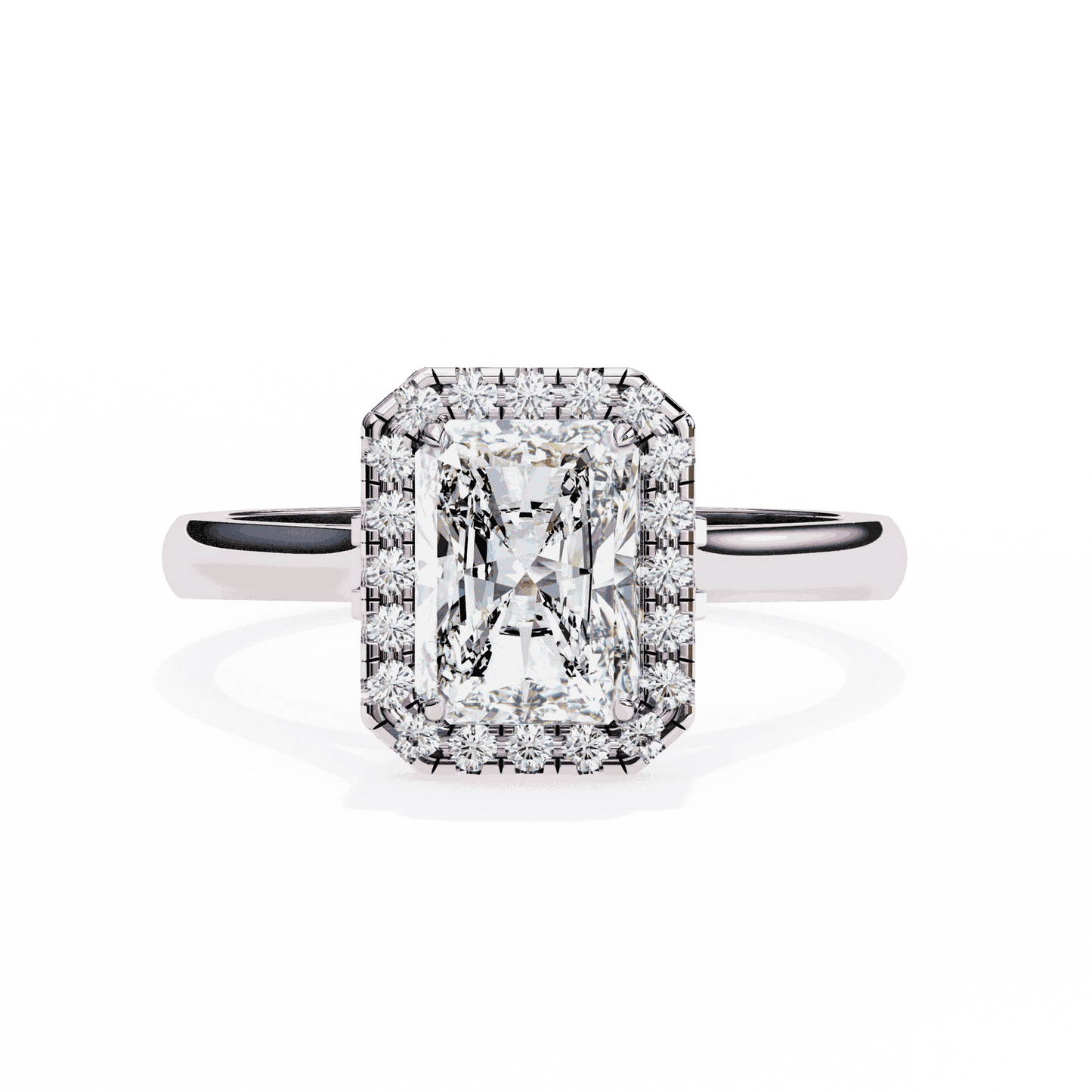 Radiant Cut Lab Grown Diamond Halo Engagement Ring with Lotus Gallery and Plain Band