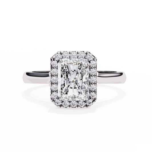 Radiant Cut Lab Grown Diamond Halo Engagement Ring with Lotus Gallery and Plain Band