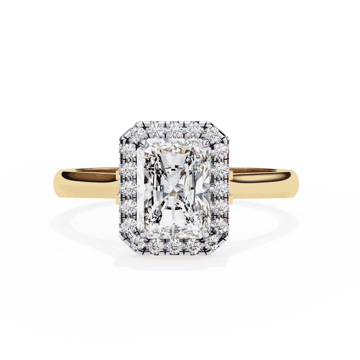 Radiant Cut Lab Grown Diamond Halo Engagement Ring with Lotus Gallery and Plain Band