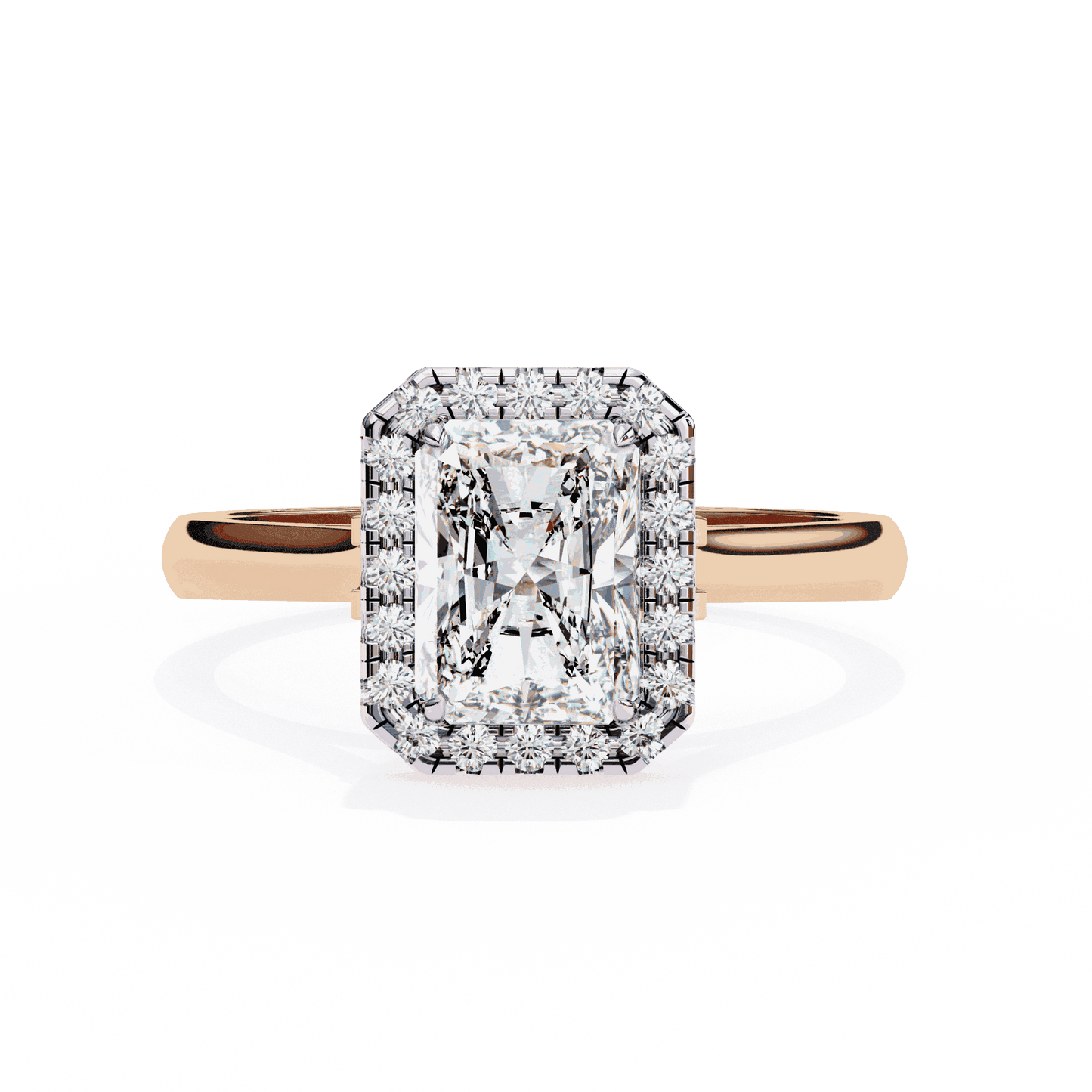 Radiant Cut Lab Grown Diamond Halo Engagement Ring with Lotus Gallery and Plain Band