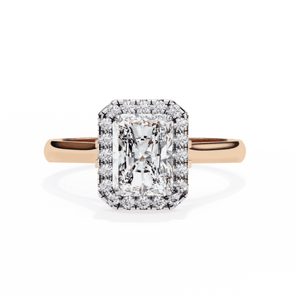Radiant Cut Lab Grown Diamond Halo Engagement Ring with Lotus Gallery and Plain Band