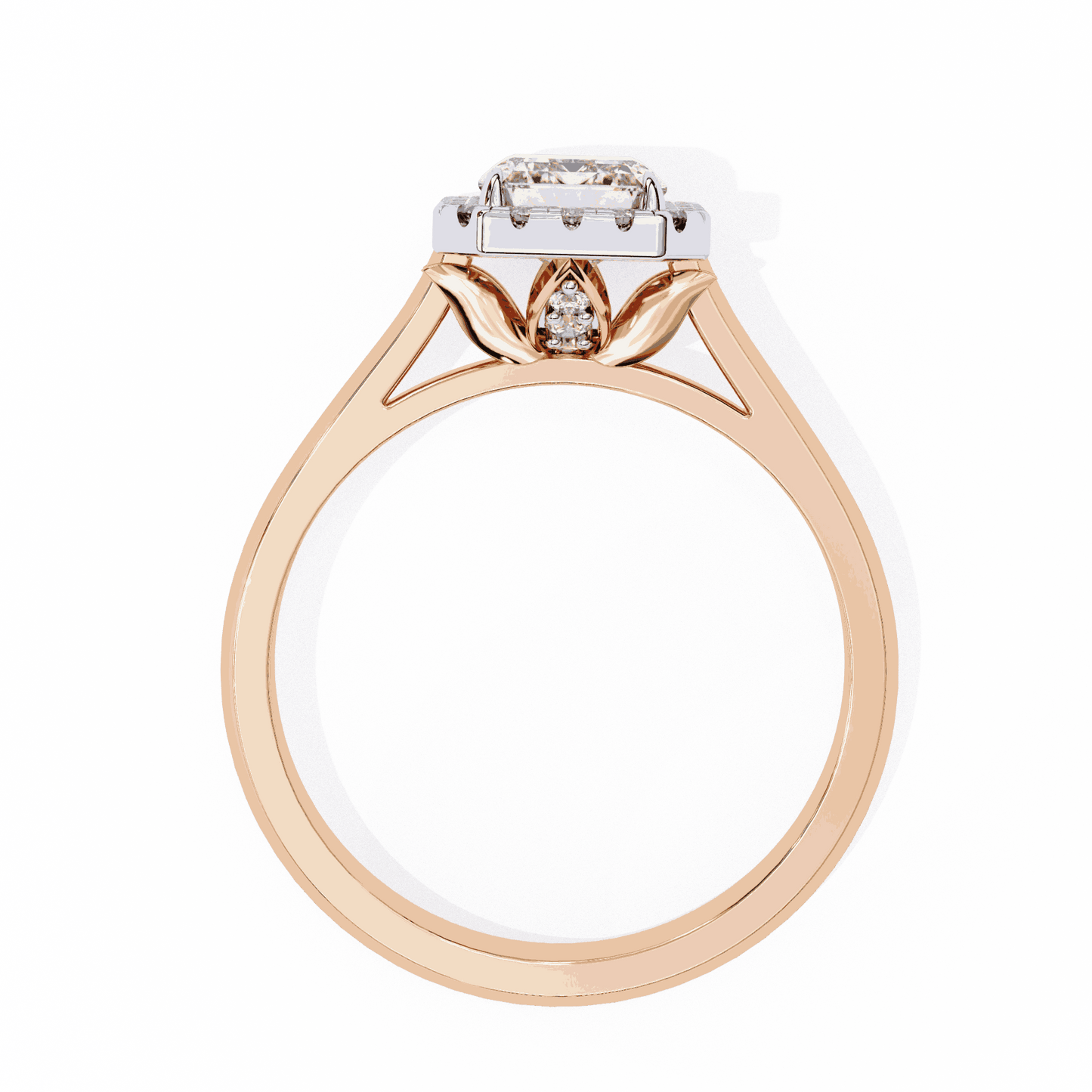 Radiant Cut Lab Grown Diamond Halo Engagement Ring with Lotus Gallery and Plain Band