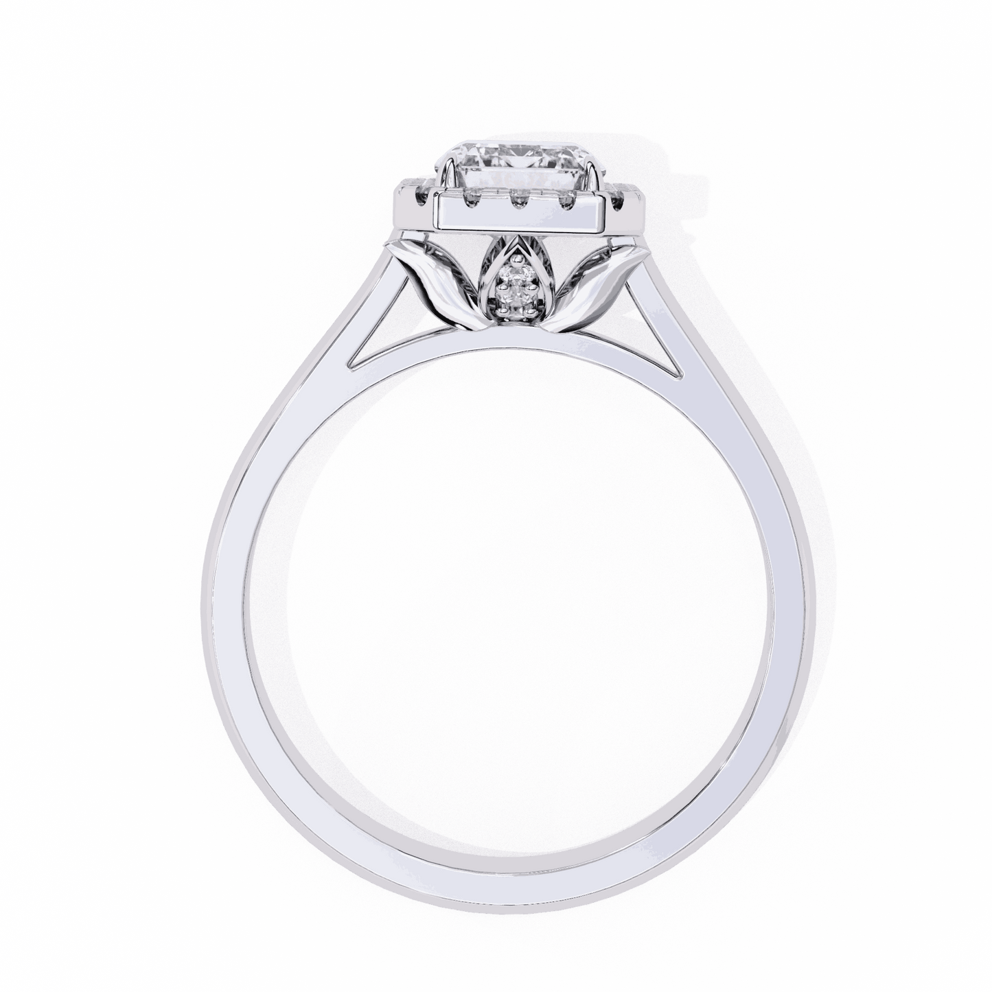 Radiant Cut Lab Grown Diamond Halo Engagement Ring with Lotus Gallery and Plain Band
