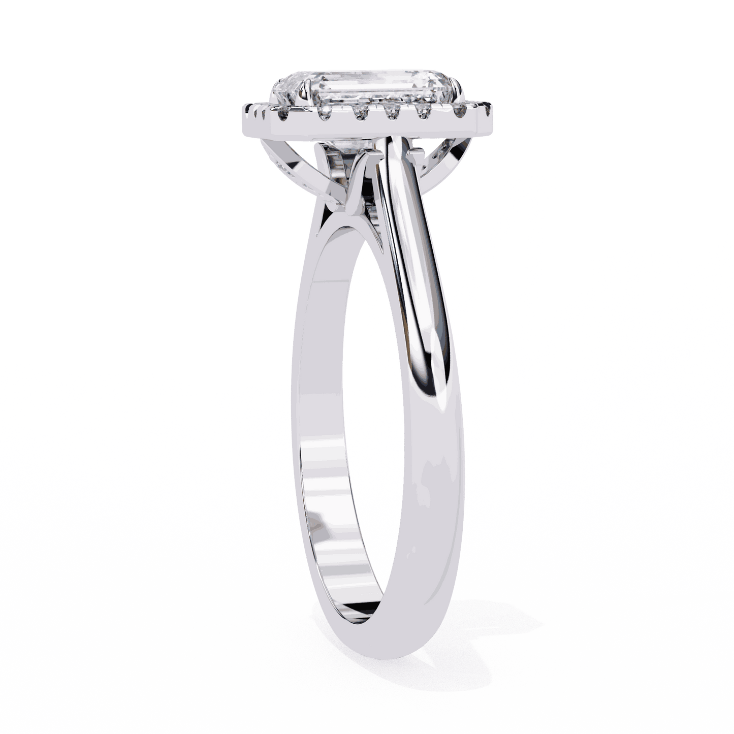 Radiant Cut Lab Grown Diamond Halo Engagement Ring with Lotus Gallery and Plain Band