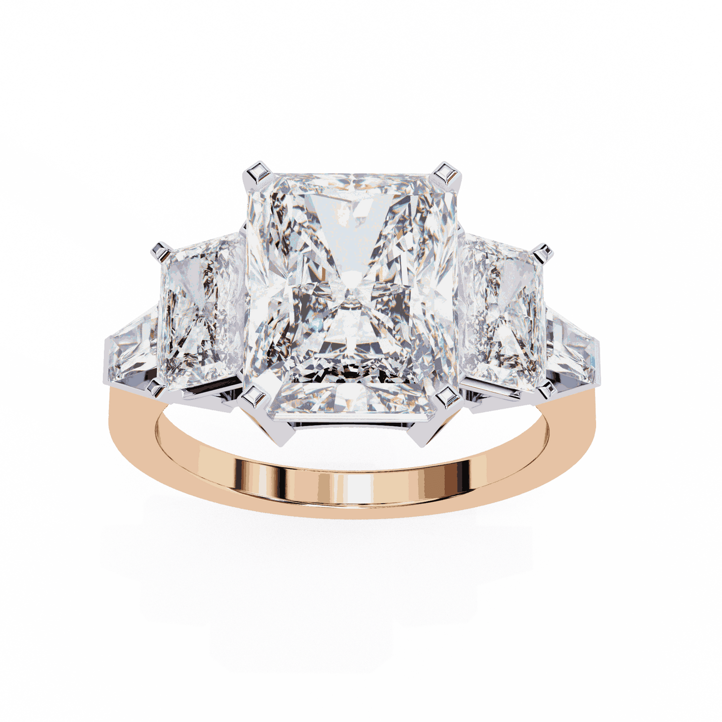 Radiant Cut Lab Grown Diamond Three Stone Engagement Ring with Radiant Sides and Tapered Baguettes