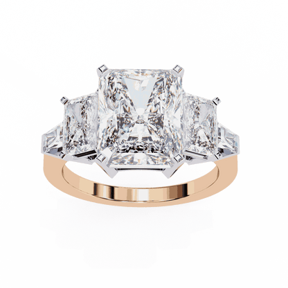 Radiant Cut Lab Grown Diamond Three Stone Engagement Ring with Radiant Sides and Tapered Baguettes
