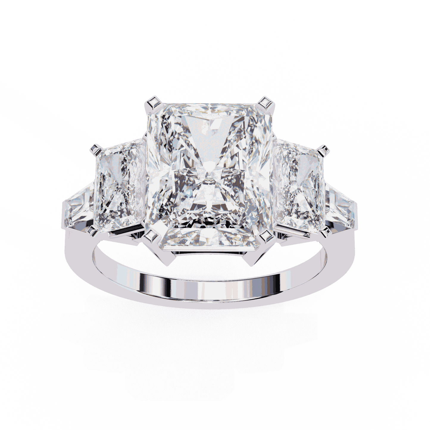Radiant Cut Lab Grown Diamond Three Stone Engagement Ring with Radiant Sides and Tapered Baguettes