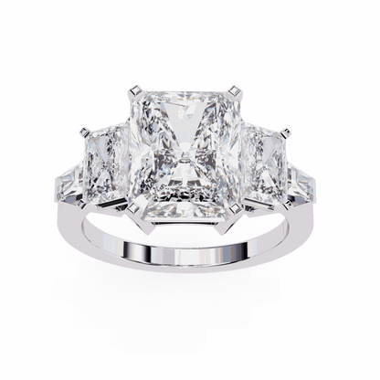 Radiant Cut Lab Grown Diamond Three Stone Engagement Ring with Radiant Sides and Tapered Baguettes
