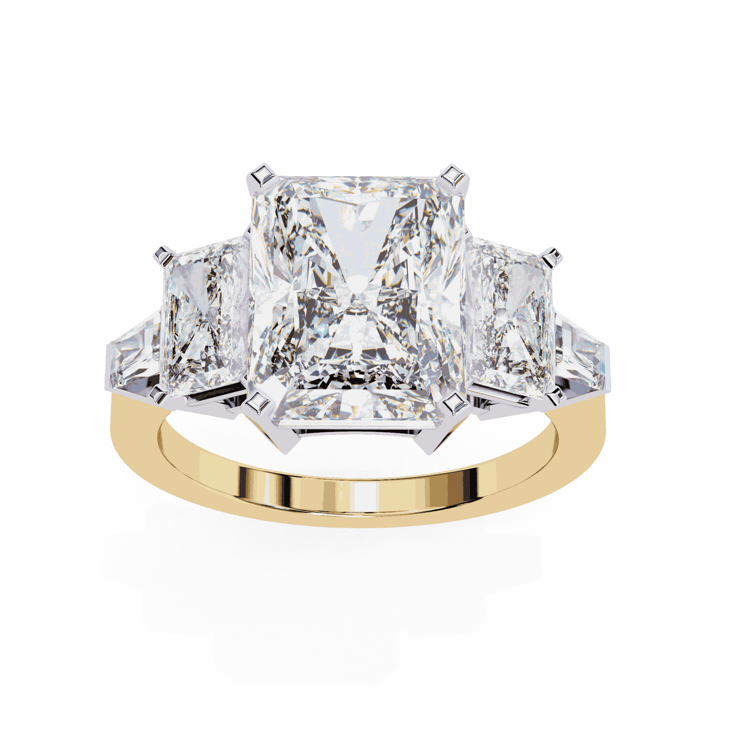 Radiant Cut Lab Grown Diamond Three Stone Engagement Ring with Radiant Sides and Tapered Baguettes
