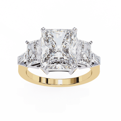 Radiant Cut Lab Grown Diamond Three Stone Engagement Ring with Radiant Sides and Tapered Baguettes
