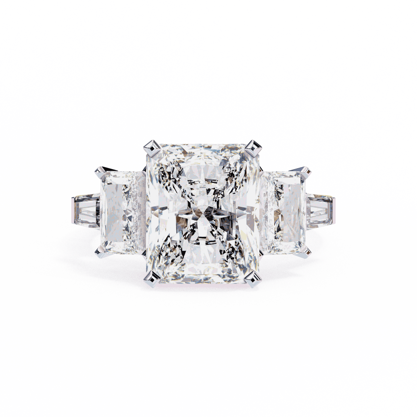 Radiant Cut Lab Grown Diamond Three Stone Engagement Ring with Radiant Sides and Tapered Baguettes