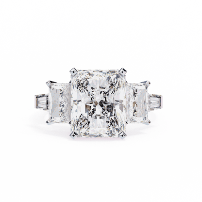 Radiant Cut Lab Grown Diamond Three Stone Engagement Ring with Radiant Sides and Tapered Baguettes