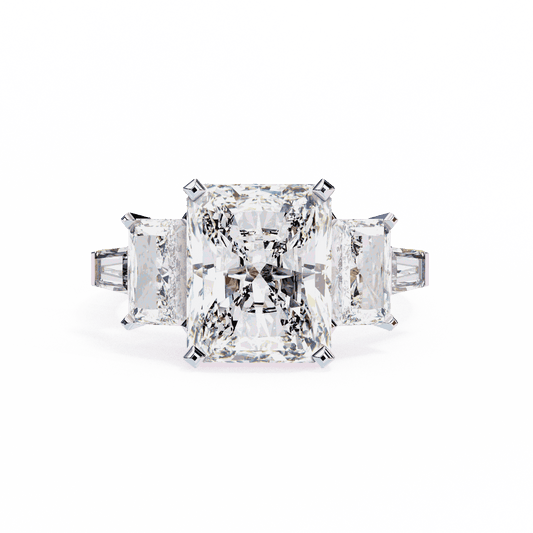 Radiant Cut Lab Grown Diamond Three Stone Engagement Ring with Radiant Sides and Tapered Baguettes