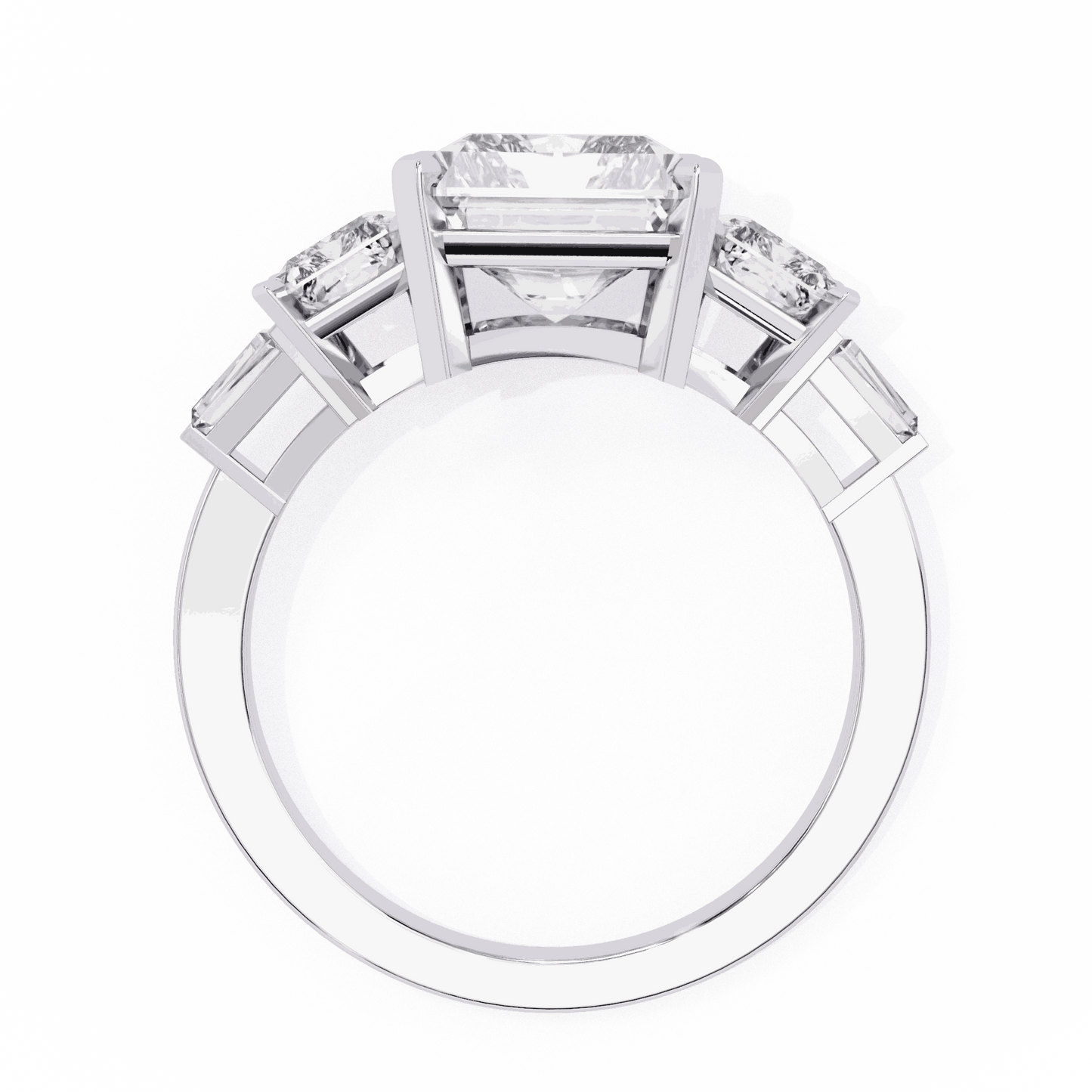 Radiant Cut Lab Grown Diamond Three Stone Engagement Ring with Radiant Sides and Tapered Baguettes