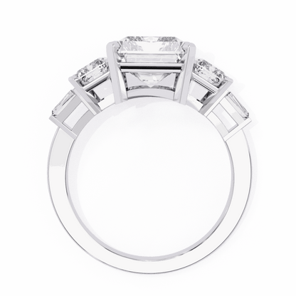 Radiant Cut Lab Grown Diamond Three Stone Engagement Ring with Radiant Sides and Tapered Baguettes