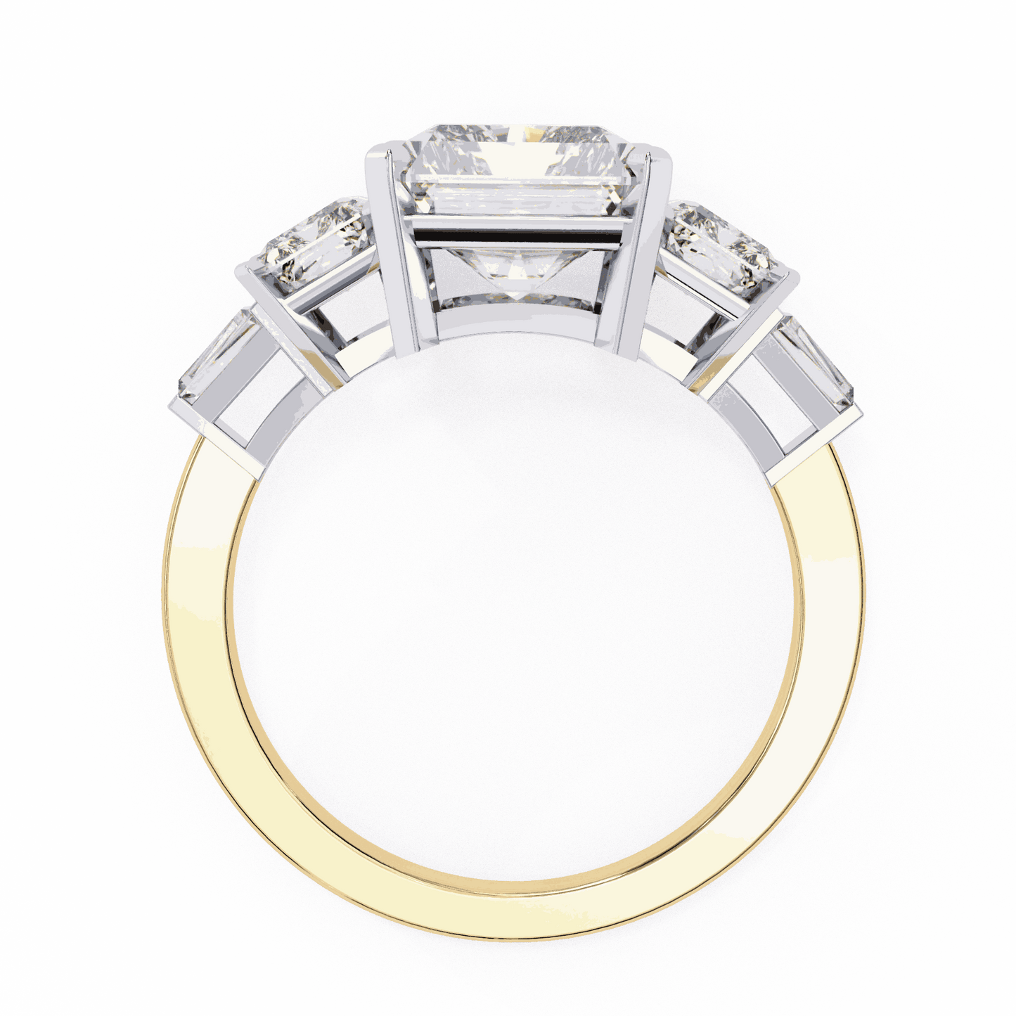 Radiant Cut Lab Grown Diamond Three Stone Engagement Ring with Radiant Sides and Tapered Baguettes