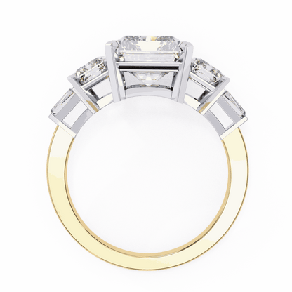 Radiant Cut Lab Grown Diamond Three Stone Engagement Ring with Radiant Sides and Tapered Baguettes