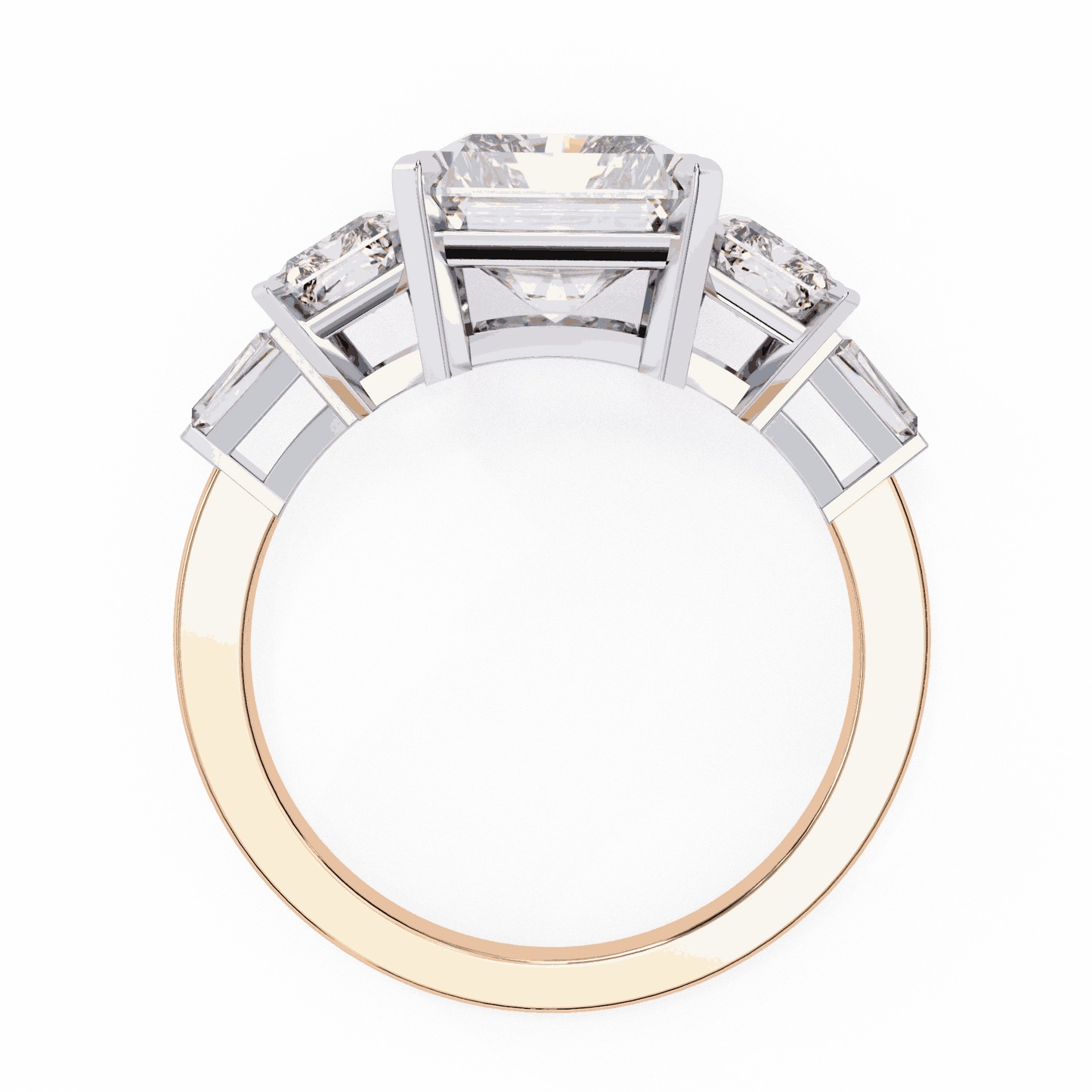Radiant Cut Lab Grown Diamond Three Stone Engagement Ring with Radiant Sides and Tapered Baguettes