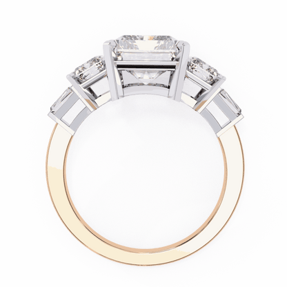 Radiant Cut Lab Grown Diamond Three Stone Engagement Ring with Radiant Sides and Tapered Baguettes