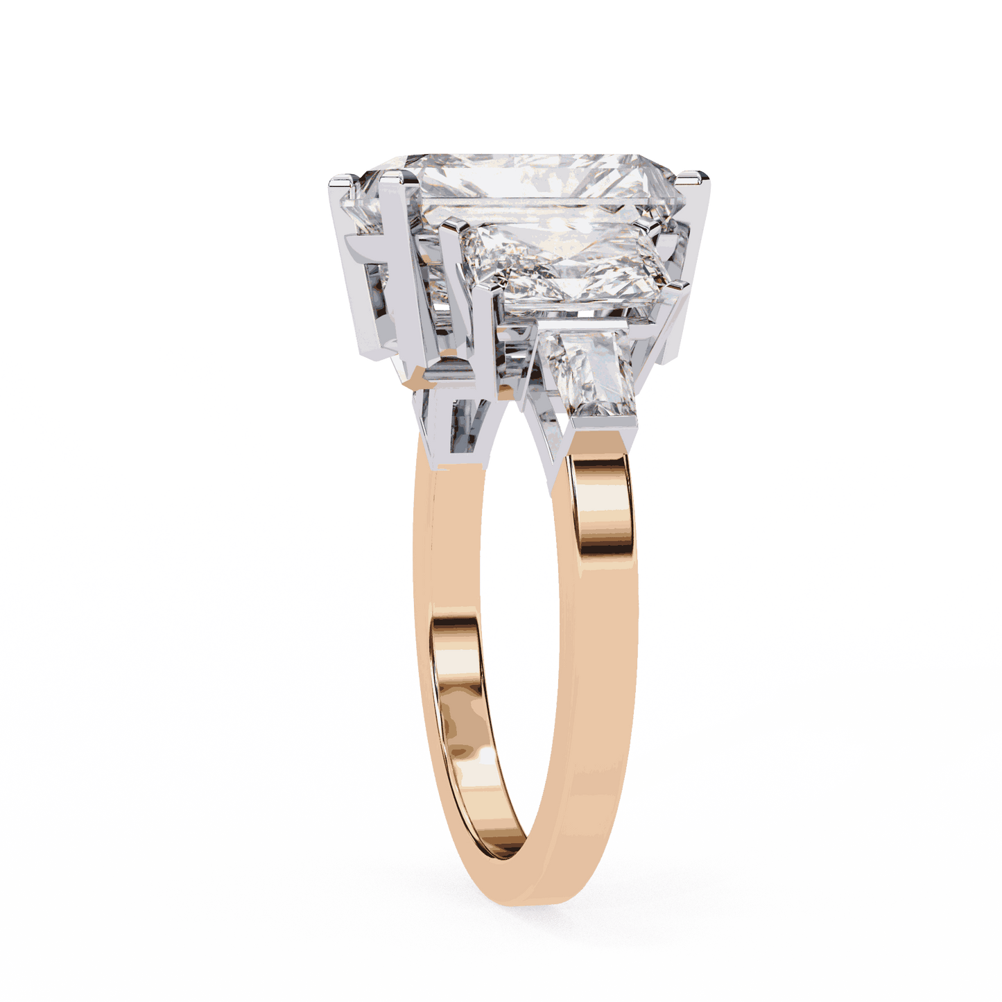 Radiant Cut Lab Grown Diamond Three Stone Engagement Ring with Radiant Sides and Tapered Baguettes