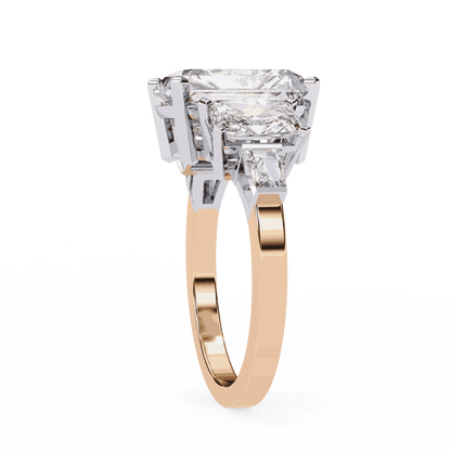 Radiant Cut Lab Grown Diamond Three Stone Engagement Ring with Radiant Sides and Tapered Baguettes