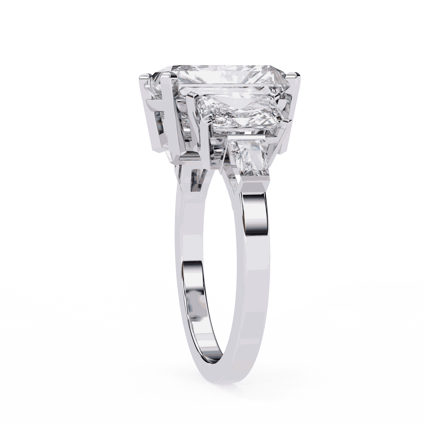 Radiant Cut Lab Grown Diamond Three Stone Engagement Ring with Radiant Sides and Tapered Baguettes