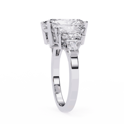 Radiant Cut Lab Grown Diamond Three Stone Engagement Ring with Radiant Sides and Tapered Baguettes