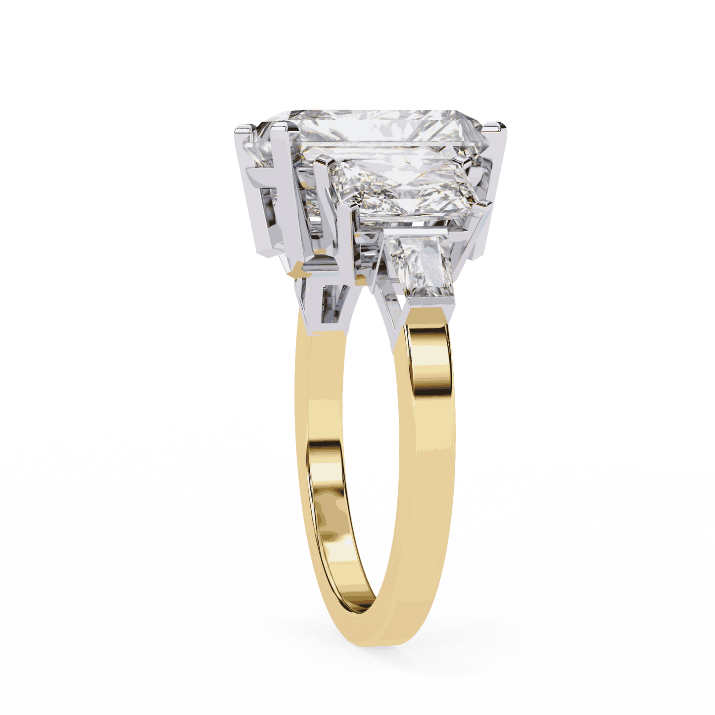 Radiant Cut Lab Grown Diamond Three Stone Engagement Ring with Radiant Sides and Tapered Baguettes