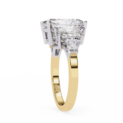 Radiant Cut Lab Grown Diamond Three Stone Engagement Ring with Radiant Sides and Tapered Baguettes