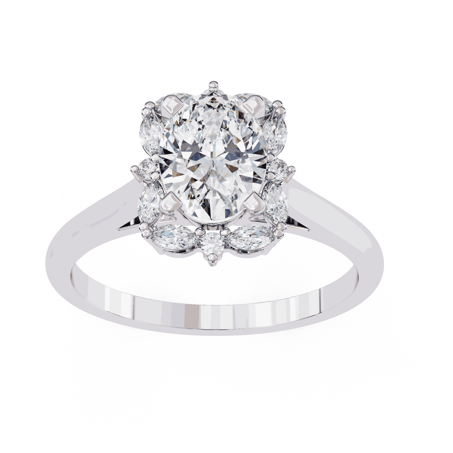 Oval Cut Lab Grown Diamond Halo Engagement Ring with Marquise and Round Floral Cluster