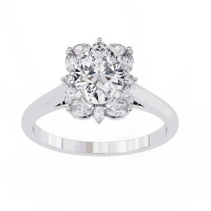 Oval Cut Lab Grown Diamond Halo Engagement Ring with Marquise and Round Floral Cluster