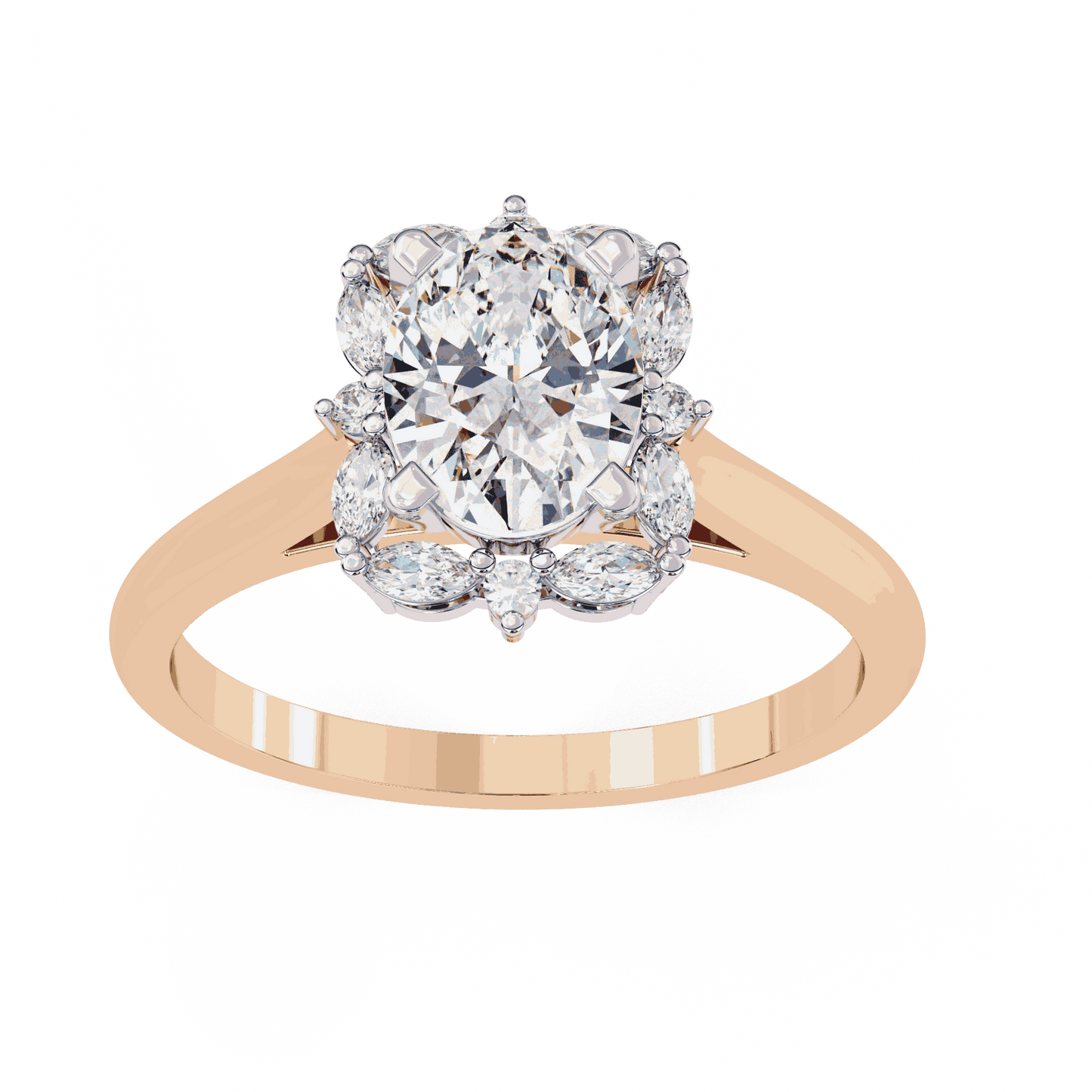 Oval Cut Lab Grown Diamond Halo Engagement Ring with Marquise and Round Floral Cluster