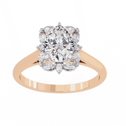 Oval Cut Lab Grown Diamond Halo Engagement Ring with Marquise and Round Floral Cluster